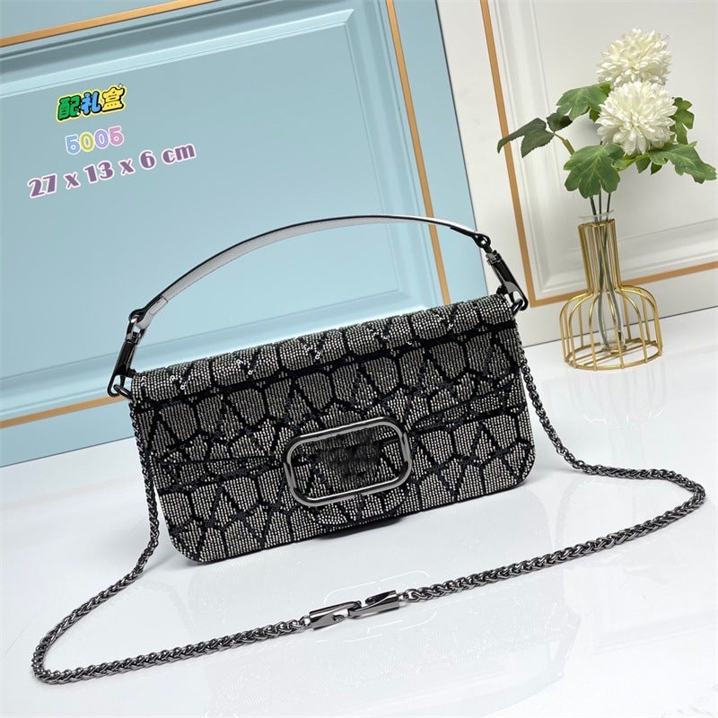 Fashion Drilling Handbag Cowhide Leather Bag Letter Chain Bag Portable Shoulder Women'S Bag Crossbody Underarm Bag Trendy - Image 3