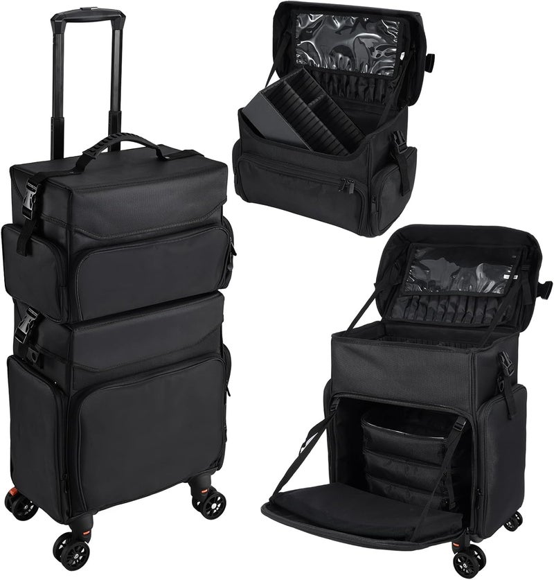 Stagiant Stagiant Professional Rolling Makeup Case, Soft Sided Make up Train Case, Travel Organizer Portable with Wheel for Makeup Artist Cosmetology Nail Technician Hair Stylist Supplies, 2 In 1 Nylon Black 