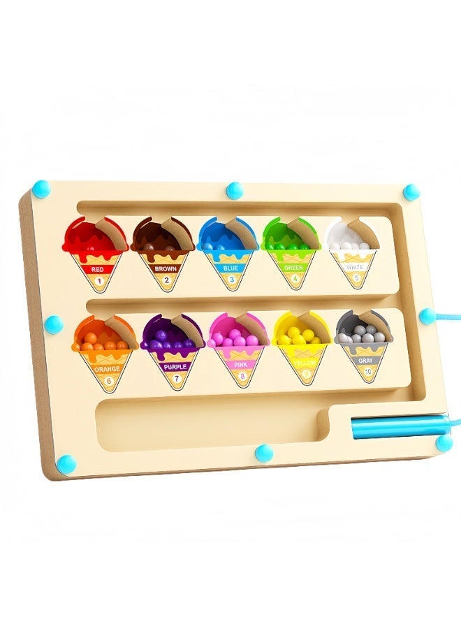 Wooden Magnetic Ice Cream Maze Puzzle,Mini Wooden Magnetic Maze for Toddler,Magnetic Color and Number Maze,Montessori Wooden Color Matching Learning Counting Puzzle Board for Kids,23cm*16cm - Image 2