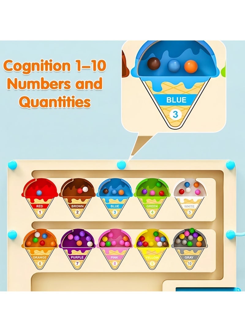 Wooden Magnetic Ice Cream Maze Puzzle,Mini Wooden Magnetic Maze for Toddler,Magnetic Color and Number Maze,Montessori Wooden Color Matching Learning Counting Puzzle Board for Kids,23cm*16cm - Image 4