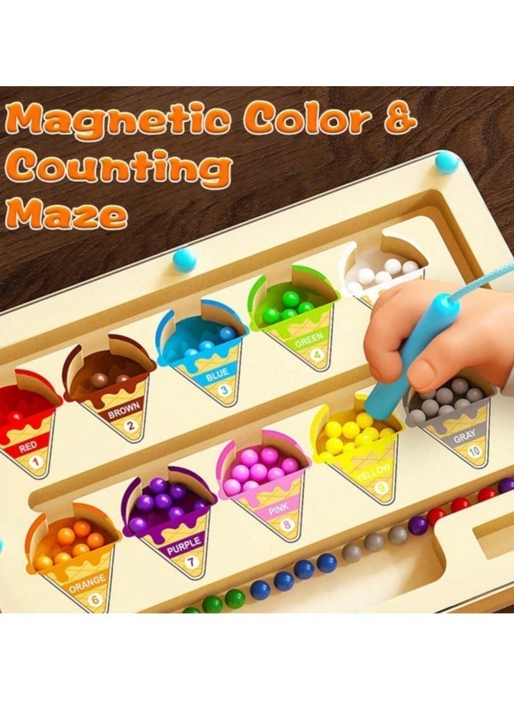 Wooden Magnetic Ice Cream Maze Puzzle,Mini Wooden Magnetic Maze for Toddler,Magnetic Color and Number Maze,Montessori Wooden Color Matching Learning Counting Puzzle Board for Kids,23cm*16cm - Image 3
