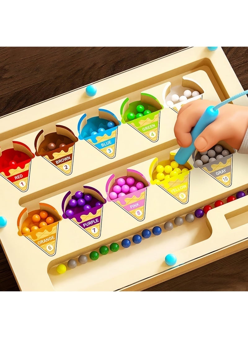 Wooden Magnetic Ice Cream Maze Puzzle,Mini Wooden Magnetic Maze for Toddler,Magnetic Color and Number Maze,Montessori Wooden Color Matching Learning Counting Puzzle Board for Kids,23cm*16cm - Image 1