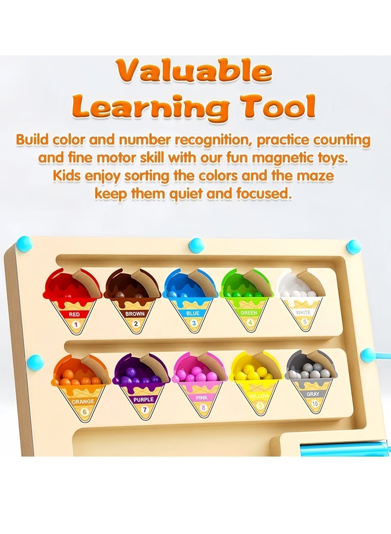 Wooden Magnetic Ice Cream Maze Puzzle,Mini Wooden Magnetic Maze for Toddler,Magnetic Color and Number Maze,Montessori Wooden Color Matching Learning Counting Puzzle Board for Kids,23cm*16cm - Image 5