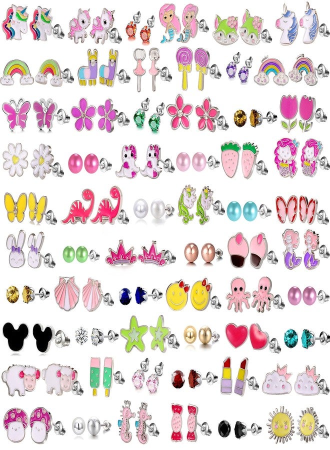 DALOO 60 Pairs Cute Earrings Set - Hypoallergenic Stainless Steel Studs with Cartoon Characters, Colorful Faux Pearls & Sparkling Cubic Zirconias (#1) - Image 1