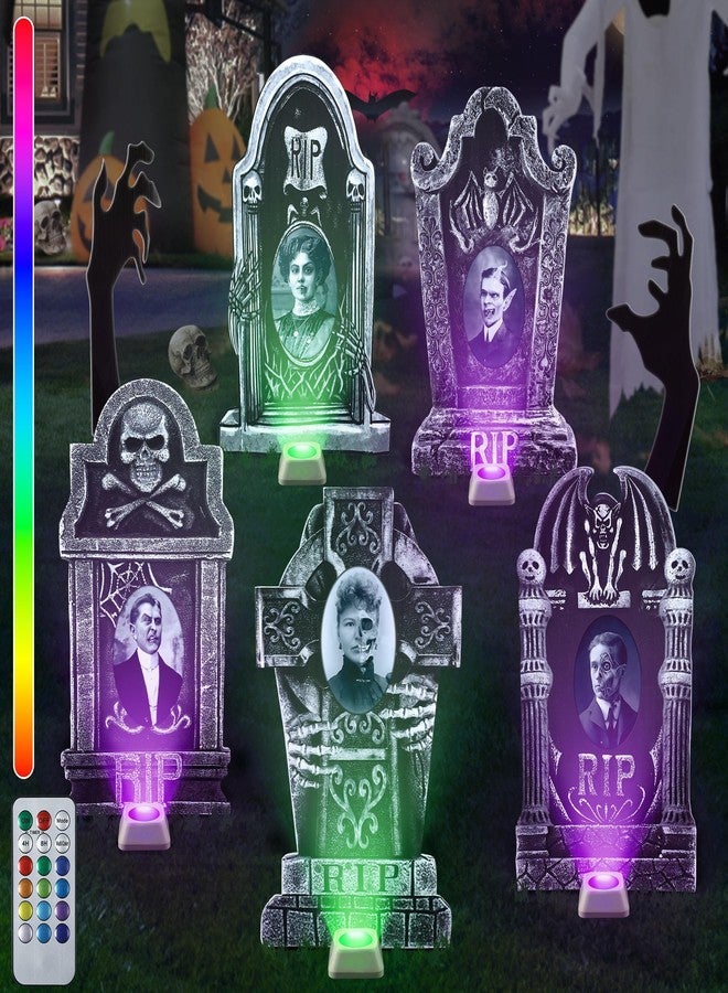 ElectricWise 21.65 Inch 3D Changing Face Black Hands Halloween Yard Signs, 5 Set Lighted Tombstones Decorations Outdoor with 13 Colors for Grave Lawn Yard Haunted Decor - Image 1