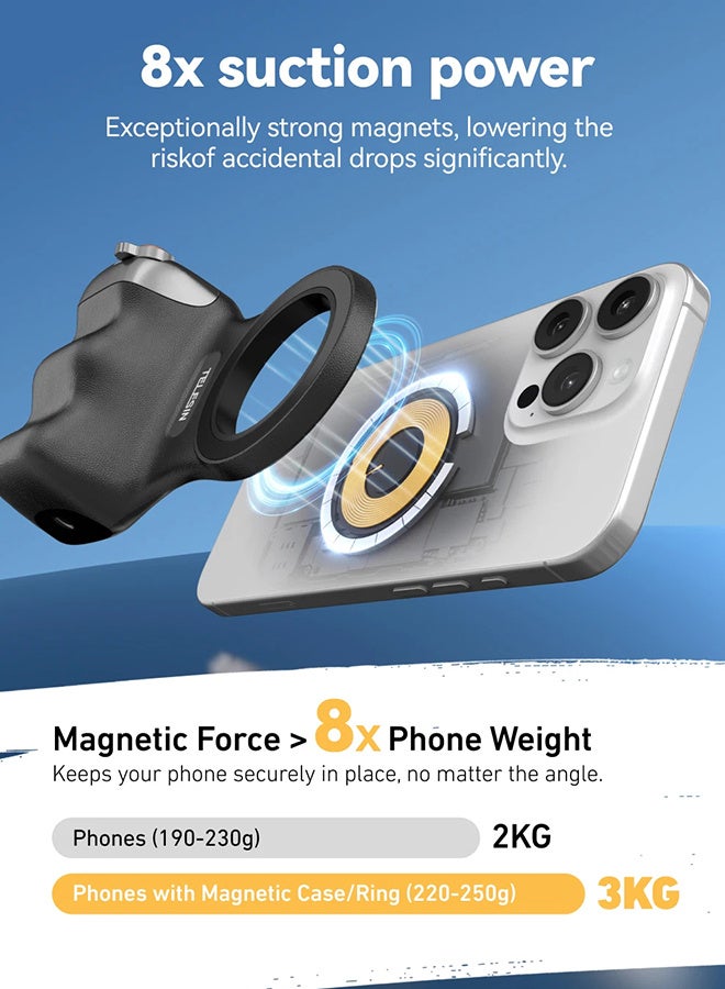 TELESIN Fun Shot Magnetic Phone Camera DSLR Style Shutter Grip for iPhone & Android with Detachable Wireless Shutter Button - MFI Certified - 1/4" Screw - Comfort Ergonomic Camera Grip with Fill Light,Black - Image 4