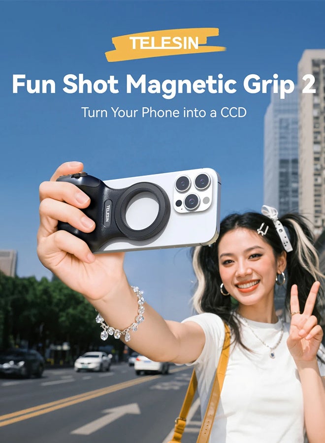 TELESIN Fun Shot Magnetic Phone Camera DSLR Style Shutter Grip for iPhone & Android with Detachable Wireless Shutter Button - MFI Certified - 1/4" Screw - Comfort Ergonomic Camera Grip with Fill Light,Black - Image 2