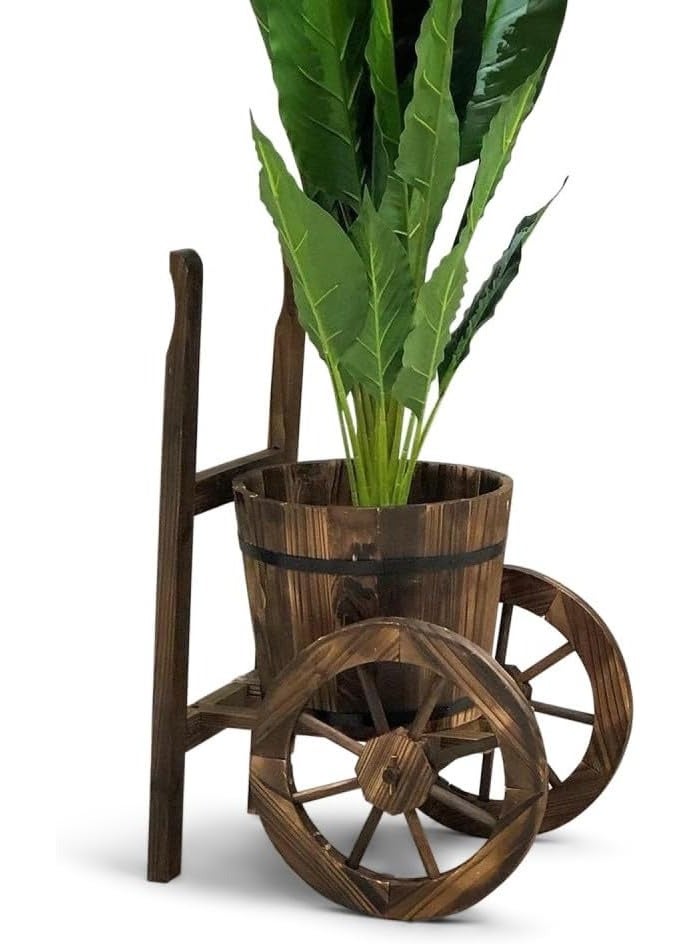 LINGWEI Rustic Wooden Planter with Two Wheels Flower Pot Garden Flower Bucket Wooden Trolley - Image 2