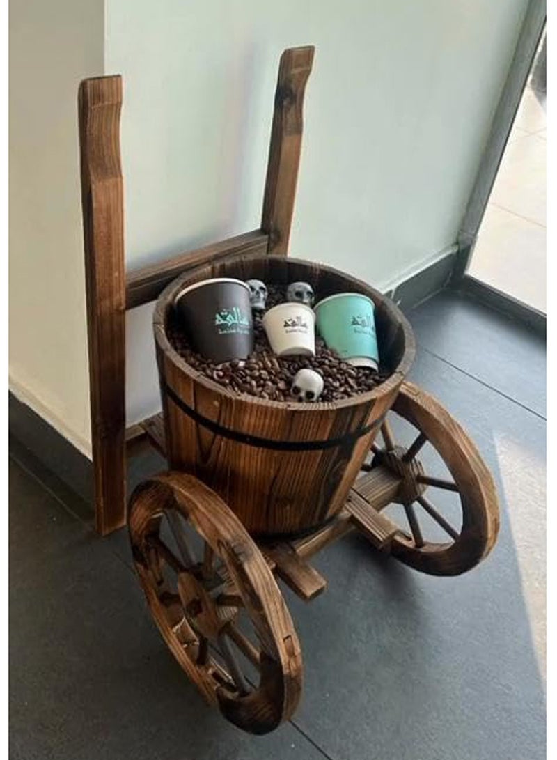 LINGWEI Rustic Wooden Planter with Two Wheels Flower Pot Garden Flower Bucket Wooden Trolley - Image 5