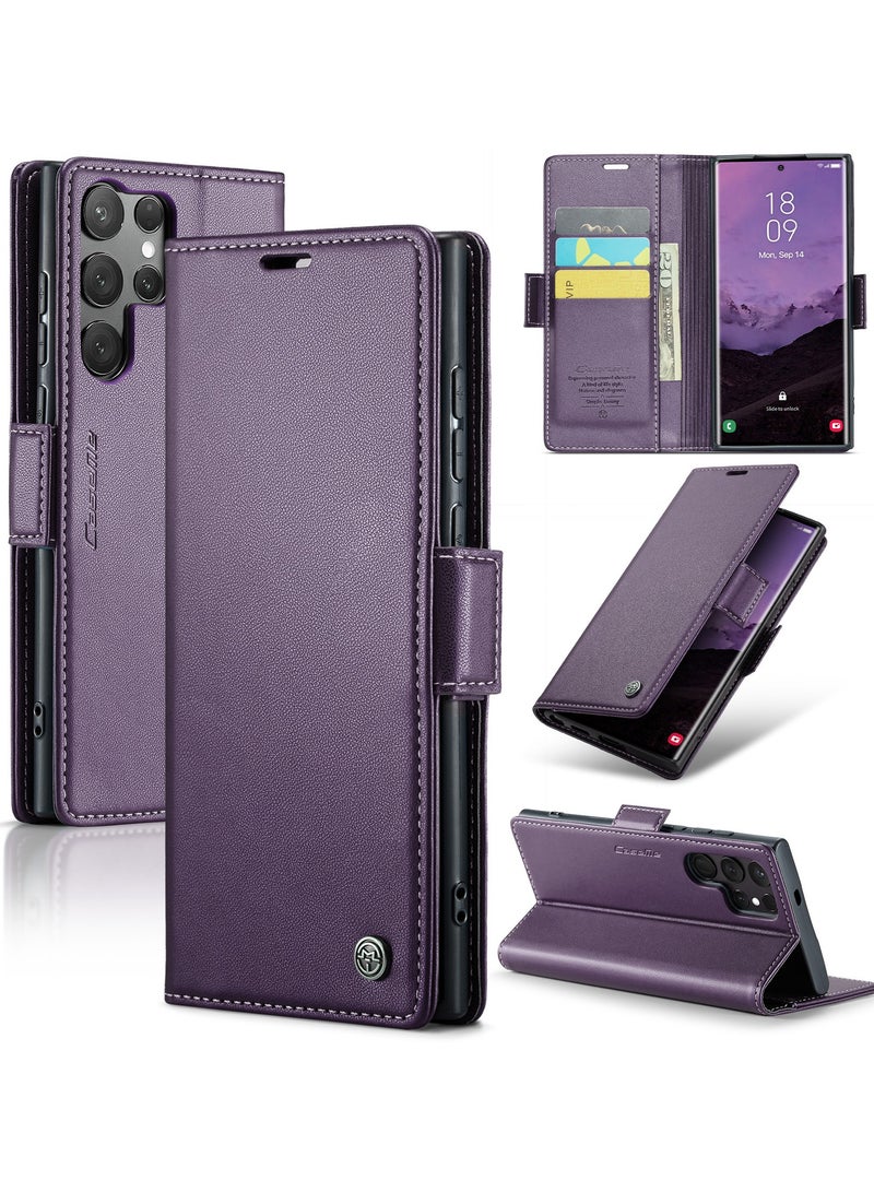 CaseMe Phone Case Luxury PU Leather Design Anti Fingerprint 023 Flip Cover Card Slot Holder Cover For Samsung Galaxy S25 Ultra (Purple) - Image 1