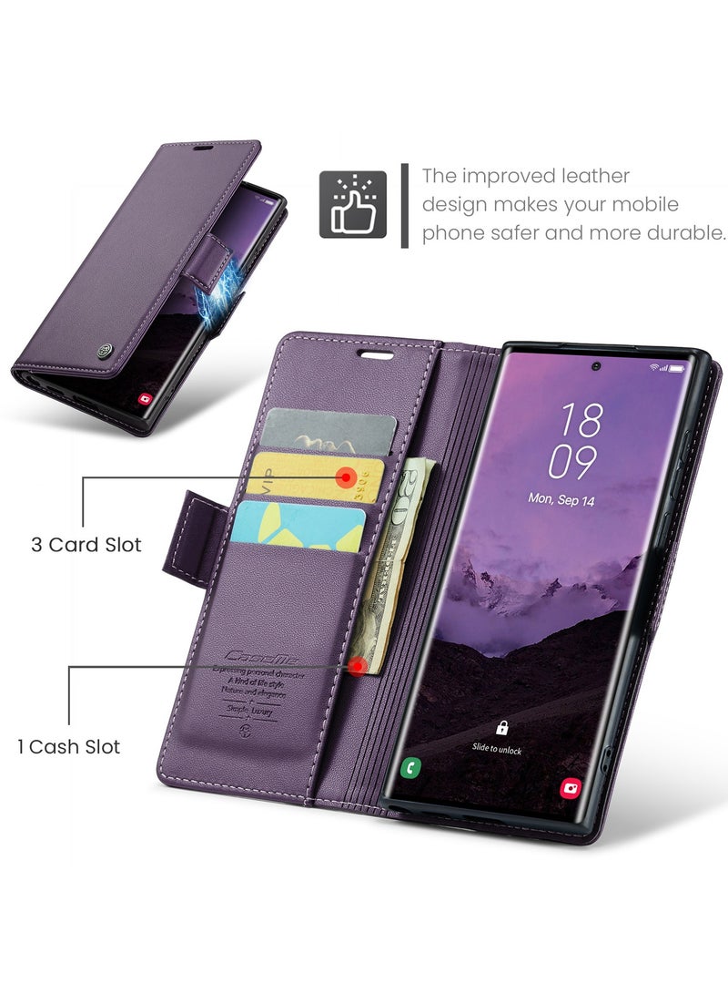 CaseMe Phone Case Luxury PU Leather Design Anti Fingerprint 023 Flip Cover Card Slot Holder Cover For Samsung Galaxy S25 Ultra (Purple) - Image 5