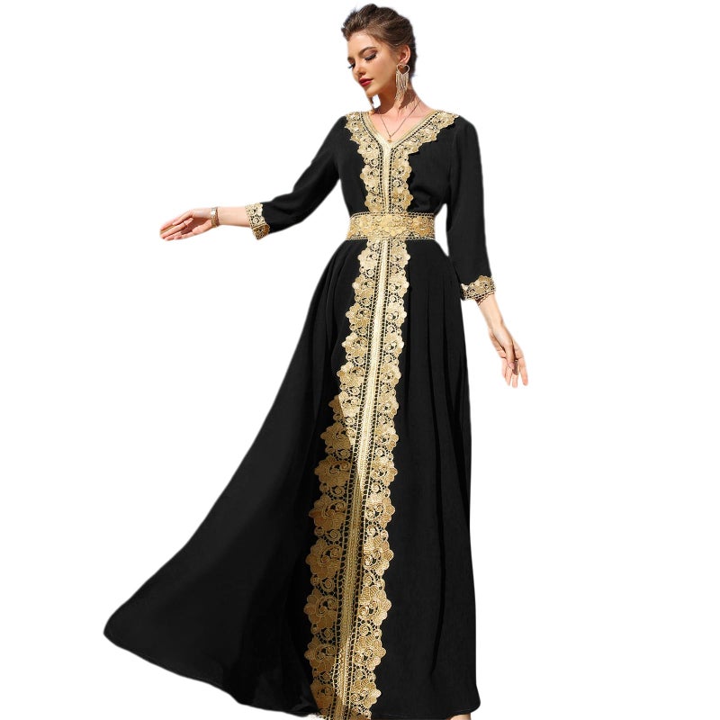 OBEEII Womens Moroccan Muslim Abaya Dress Elegant Floral Lace Kaftan Maxi Dress Islamic Wedding Guest Dress Dubai Long Sleeve Ramadan Prayer Clothes Evening Robe Dress Black M