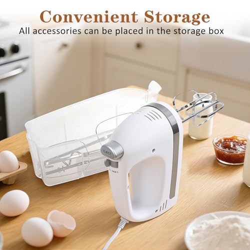 KBOBEY 450W Electric Hand Mixer, 5-Speed Handheld Mixer with Storage Case, Turbo & Eject Button, Includes 2 Beaters & 2 Dough Hooks for Baking, Cake, Egg, Cream (White) - Image 3