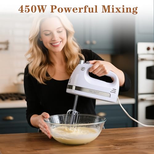 KBOBEY 450W Electric Hand Mixer, 5-Speed Handheld Mixer with Storage Case, Turbo & Eject Button, Includes 2 Beaters & 2 Dough Hooks for Baking, Cake, Egg, Cream (White) - Image 2