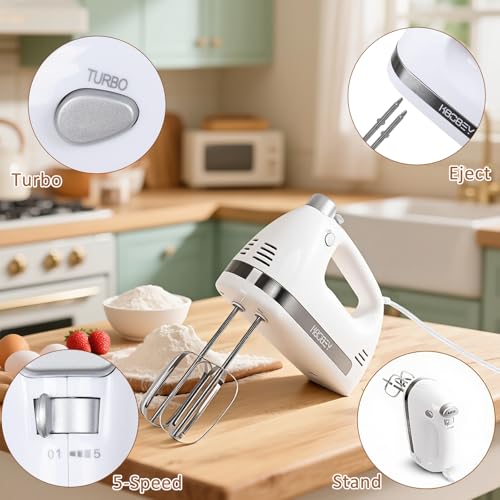 KBOBEY 450W Electric Hand Mixer, 5-Speed Handheld Mixer with Storage Case, Turbo & Eject Button, Includes 2 Beaters & 2 Dough Hooks for Baking, Cake, Egg, Cream (White) - Image 5