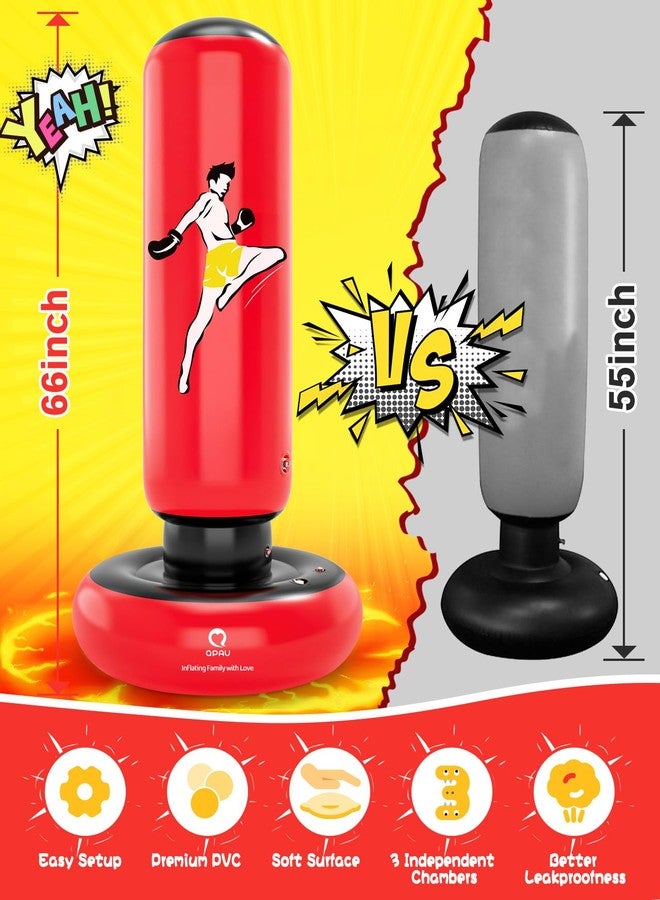 QPAU Kids Punching Bag Toy with Boxing Gloves, 66 Inch Larger Stable Kids Inflatable Boxing Bag Set, Gifts for Boys & Girls Age 6-12, for Practicing Karate, Taekwondo, MMA (Red) - Image 2
