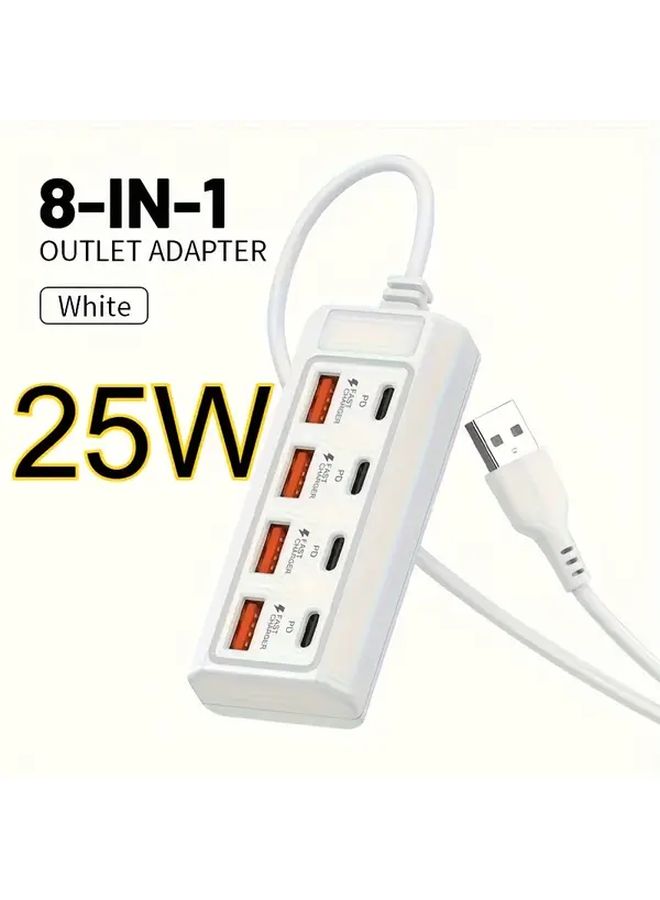 8 In 1 White 8 Port USB Fast Charging Hub 25W With 4 USB A And 4 USB C Ports For Smartphones Tablets Laptops - Image 1