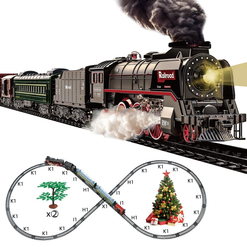 Hitish Train Set for Kids Electric Train Toys with Realistic Light Sounds Smoke Christmas Train Model Gifts for Toddlers Boys Girls Steam Locomotive Luxury Track  2 Glowing Passenger Carriages - Image 3