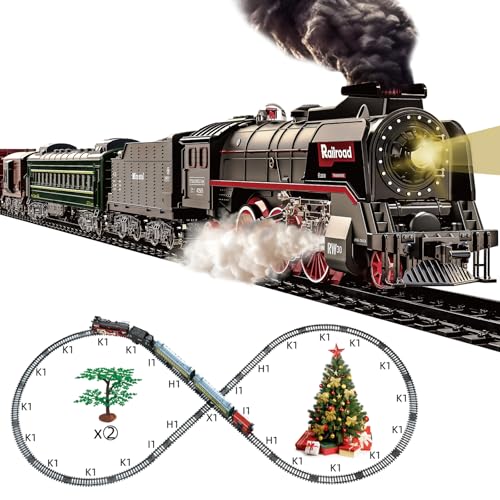 Hitish Train Set for Kids Electric Train Toys with Realistic Light Sounds Smoke Christmas Train Model Gifts for Toddlers Boys Girls Steam Locomotive Luxury Track  2 Glowing Passenger Carriages - Image 1