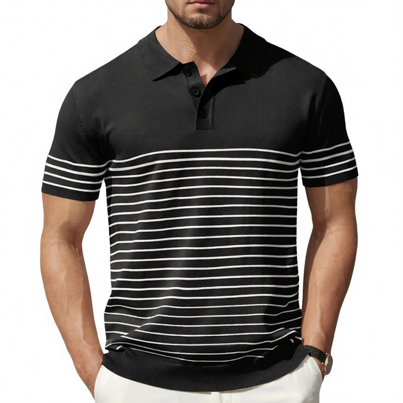 Men's Knitted Polo Shirt Short Sleeve Turn-Down Collar Casual Top - Image 1