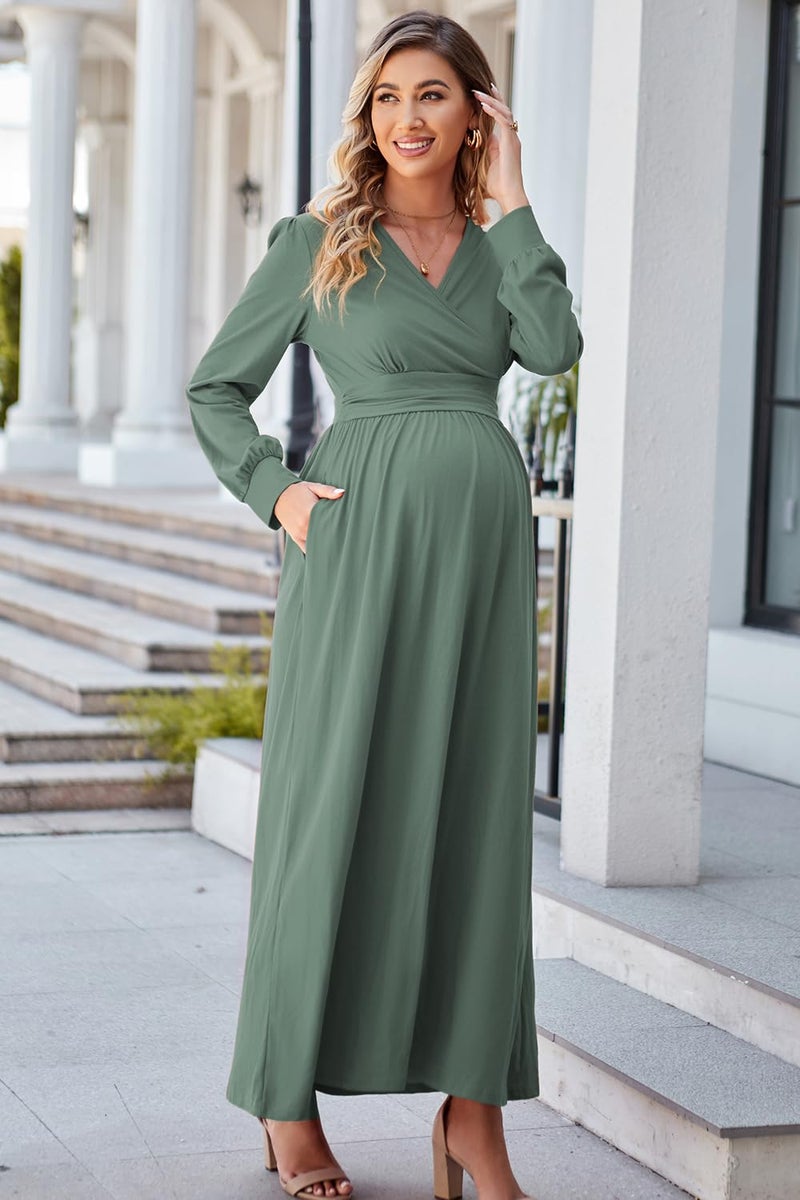 OUGES Fall Maternity Maxi Dresses Long Sleeve Wrap V Neck Baby Shower Dress Maternity Clothes 2025(Gray Green,XL) - Image 3