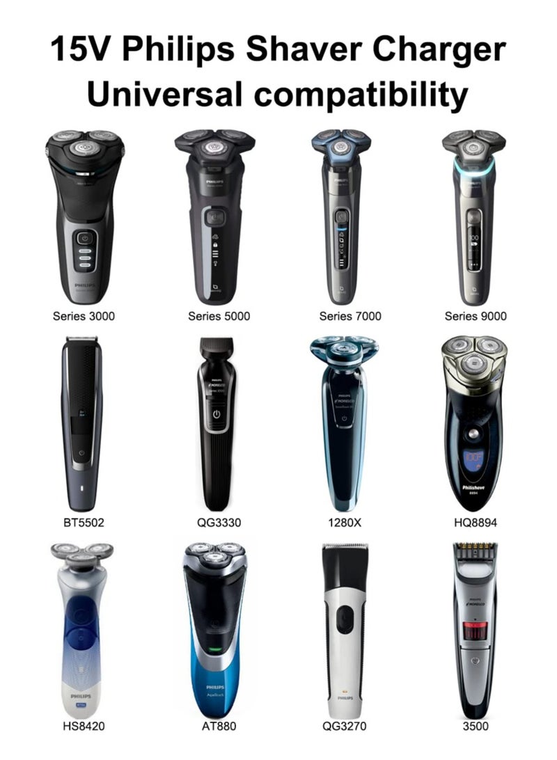 TLAXCA 15V Philips Shaver Charger Cable UK Compatible with Series 3000 5000 7000 9000 Electric Razor Beard Trimmer Models HQ8505 S3233 S3333 S1332 BT5502 BT9810 MG7790 MG7750 Aquatouch Power Lead for Daily Use Home and Travel - Image 3