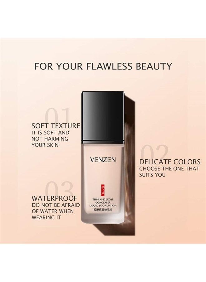 Thin Light Concealer Liquid Foundation Waterproof Moisturizing Clear Naked Natural Long-Lasting Soft Texture Rubber Ring Delicate Colors (#01 NATURAL (6761))