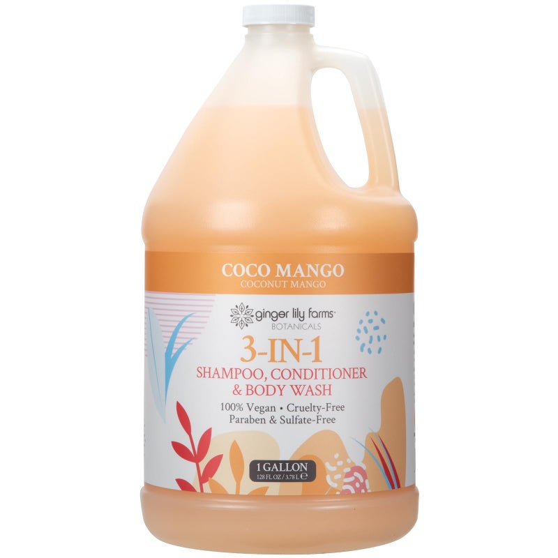 Ginger Lily Farms Botanicals 3-in-1 Shampoo, Conditioner & Body Wash, Coco Mango, 100% Vegan & Cruelty-Free, Coconut Mango Scent, 1 Gallon (128 fl oz) Refill - Image 1