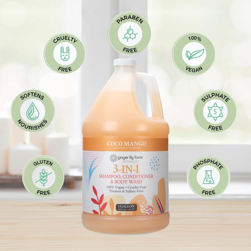 Ginger Lily Farms Botanicals 3-in-1 Shampoo, Conditioner & Body Wash, Coco Mango, 100% Vegan & Cruelty-Free, Coconut Mango Scent, 1 Gallon (128 fl oz) Refill - Image 4