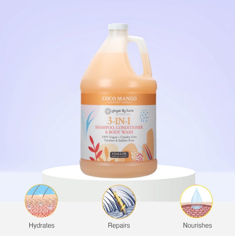 Ginger Lily Farms Botanicals 3-in-1 Shampoo, Conditioner & Body Wash, Coco Mango, 100% Vegan & Cruelty-Free, Coconut Mango Scent, 1 Gallon (128 fl oz) Refill - Image 5