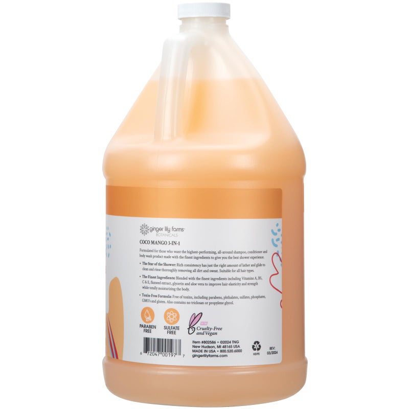 Ginger Lily Farms Botanicals 3-in-1 Shampoo, Conditioner & Body Wash, Coco Mango, 100% Vegan & Cruelty-Free, Coconut Mango Scent, 1 Gallon (128 fl oz) Refill - Image 2