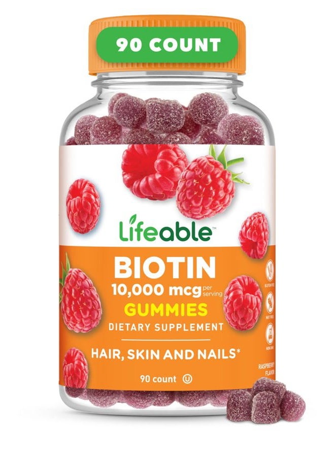 Lifeable Biotin Gummies | 10,000mcg | Great Tasting Hair Skin and Nails Gummies | GMO-Free Vegan Biotin Supplement | Hair Skin and Nails Vitamins for Women | 90 Gummies - Image 1