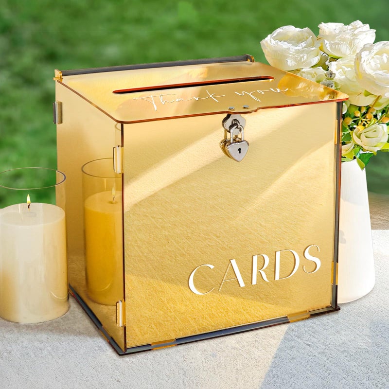 SOFARKKT Metallic Gold Mirror Acrylic Wedding Card Box with Slot & Lock, Classy Wedding Card Boxes for Reception, Large Money Gift Cards Box for Party Engagement Birthday Graduation Table Decor - Image 1