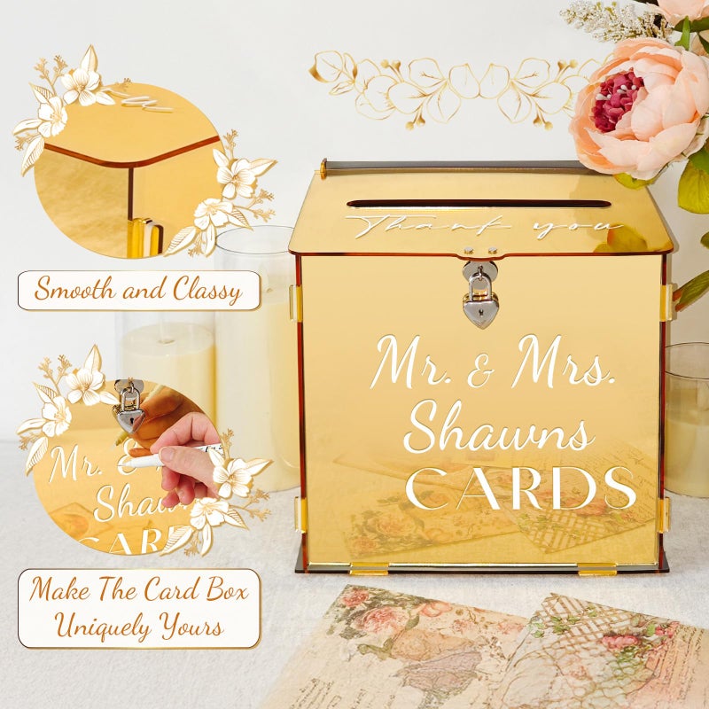 SOFARKKT Metallic Gold Mirror Acrylic Wedding Card Box with Slot & Lock, Classy Wedding Card Boxes for Reception, Large Money Gift Cards Box for Party Engagement Birthday Graduation Table Decor - Image 3