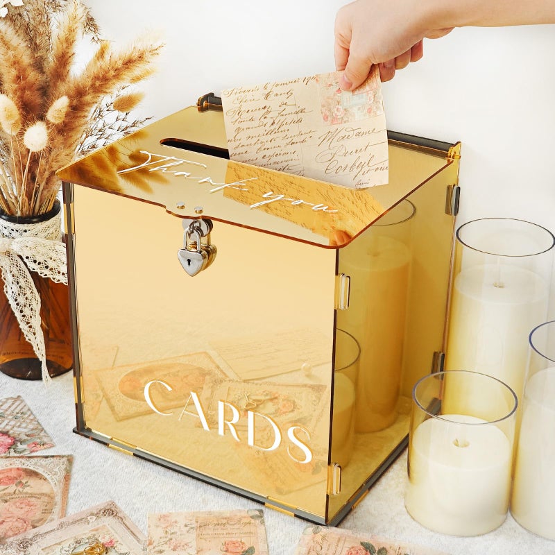 SOFARKKT Metallic Gold Mirror Acrylic Wedding Card Box with Slot & Lock, Classy Wedding Card Boxes for Reception, Large Money Gift Cards Box for Party Engagement Birthday Graduation Table Decor - Image 5