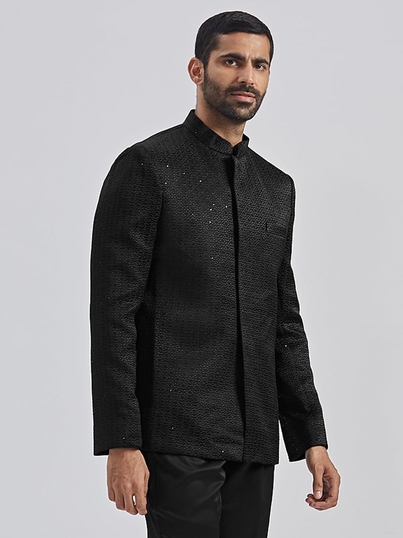 VASTRAMAY Men's Black Silk Blend Jodhpuri, Silk Blend Sequinced Embroidered Jodhpuri For Men, Traditional Indian Wear for Weddings & Festivals - Image 4