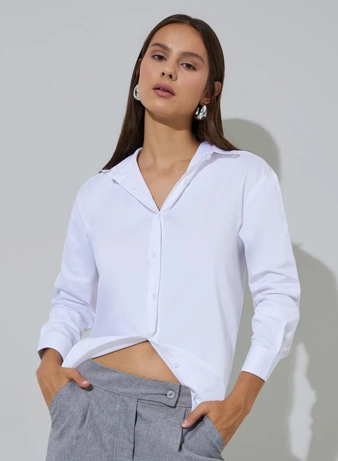 Styli Off White Solid Longlined Long Sleeves Oversized Shirt