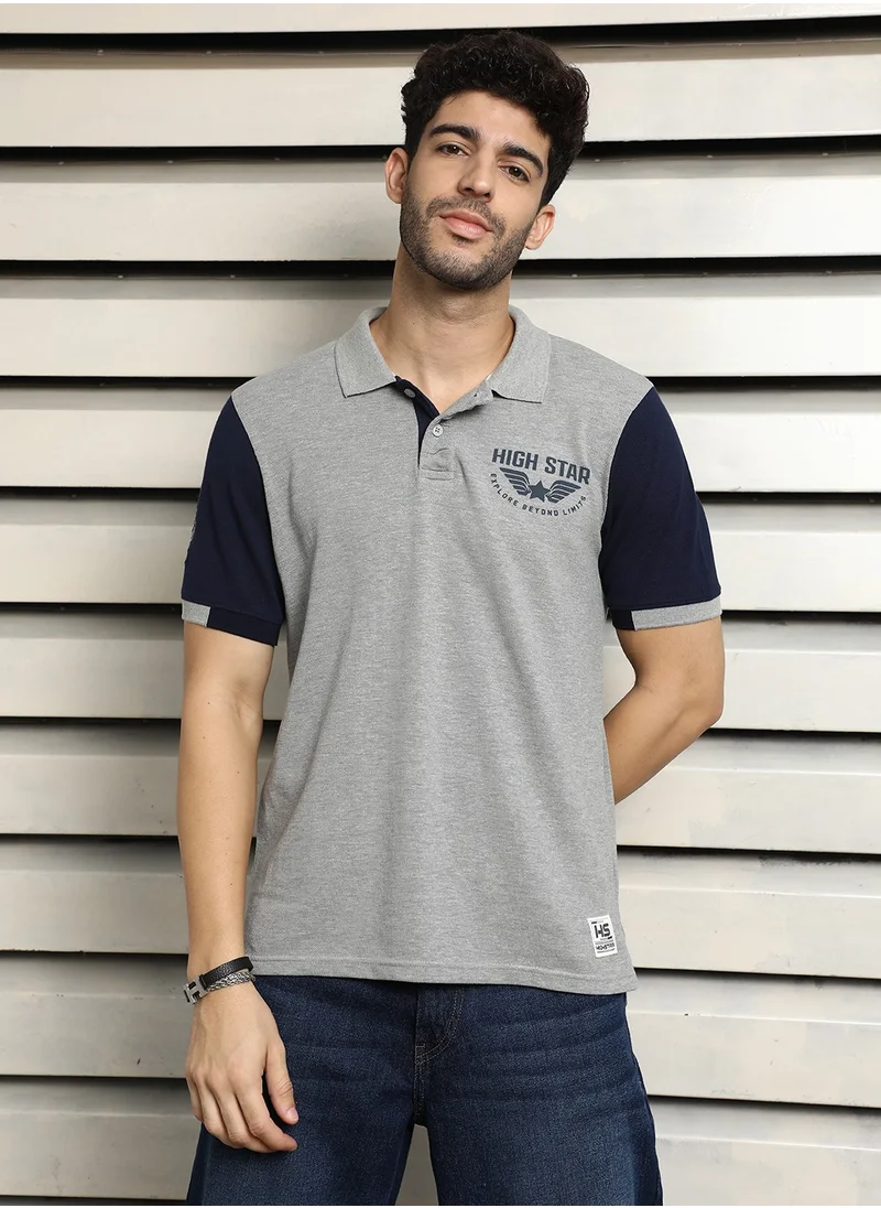 HIGH STAR Grey Colorblock Polo Collar T-Shirt for Men