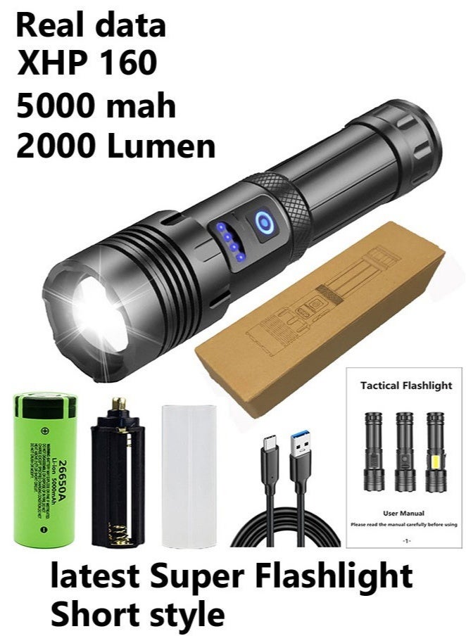 Arabest Powerful Led Flashlight, XHP160 High Power Torch Light, Rechargeable Tactical Flashlight, 26650 Usb Camping Lamp Short Style - Image 1