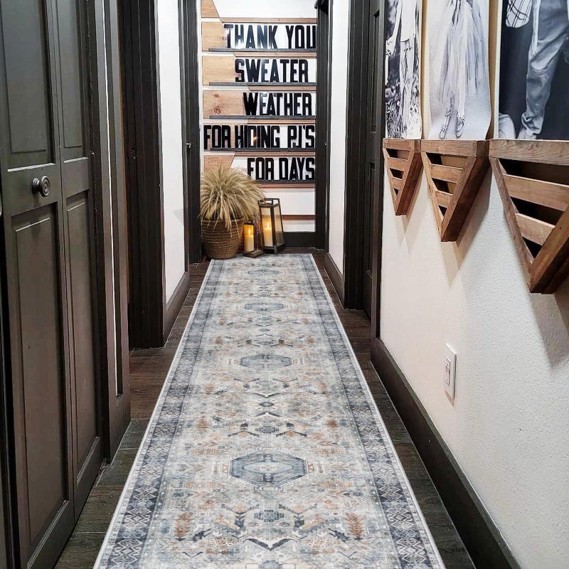 RUUGME Washable Kitchen Runner Rug 2x10: Non-Slip Hallway Entryway Rugs Indoor Soft Low Pile Stain Resistant Carpet for Bedroom Laundry Ultra-Thin Vintage Home Decor Mat for Bathroom (Grey/Blue, 2 x 10) - Image 3