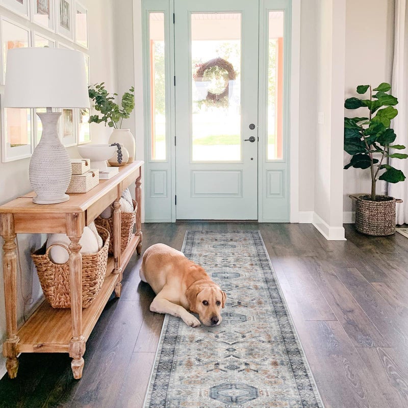 RUUGME Washable Kitchen Runner Rug 2x10: Non-Slip Hallway Entryway Rugs Indoor Soft Low Pile Stain Resistant Carpet for Bedroom Laundry Ultra-Thin Vintage Home Decor Mat for Bathroom (Grey/Blue, 2 x 10) - Image 2