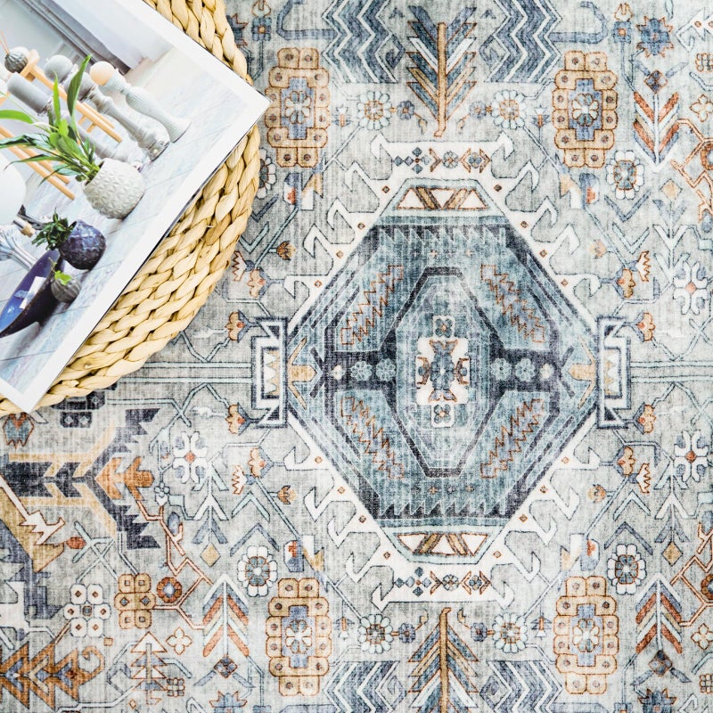 RUUGME Washable Kitchen Runner Rug 2x10: Non-Slip Hallway Entryway Rugs Indoor Soft Low Pile Stain Resistant Carpet for Bedroom Laundry Ultra-Thin Vintage Home Decor Mat for Bathroom (Grey/Blue, 2 x 10) - Image 5