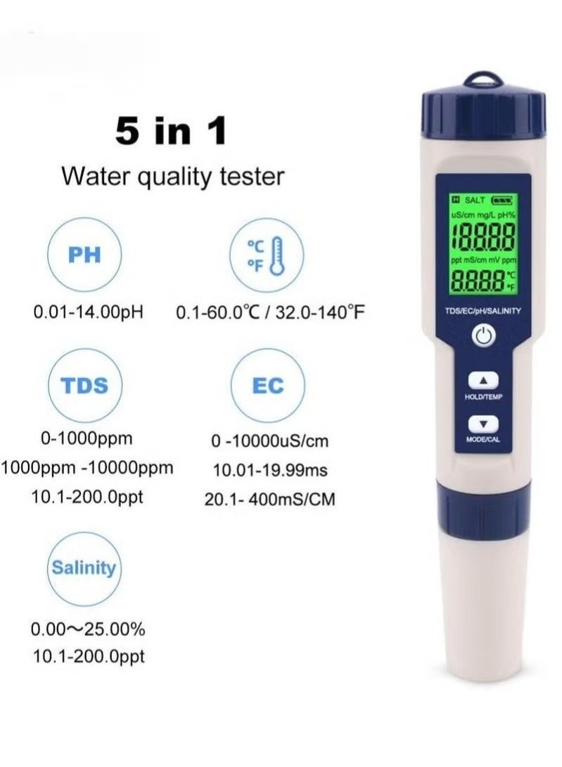 5 in 1 Electronic Household Meter, pH, TDS, EC, Salinity and Temperature Tester for Water Quality, with LCD Display, for Drinking Water, Aquarium, Swimming Pool - Image 1