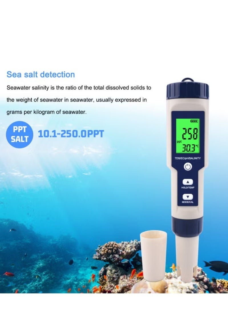 5 in 1 Electronic Household Meter, pH, TDS, EC, Salinity and Temperature Tester for Water Quality, with LCD Display, for Drinking Water, Aquarium, Swimming Pool - Image 2