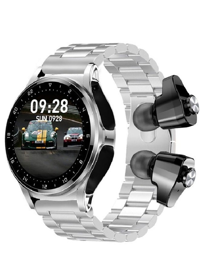 ارواق ساعة GT66 الذكية مع سماعات أذن لاسلكية - شاشة دائرية عالية الدقة مقاس 1.39 بوصة، وسوار من الفولاذ المقاوم للصدأ، وتتبع معدل ضربات القلب ومستوى تشبع الأكسجين في الدم، ومراقبة النوم، وأكثر من 100 وضع رياضي، ومكالمات بلوتوث، وجهاز تتبع اللياقة البدنية - فضي - Image 1