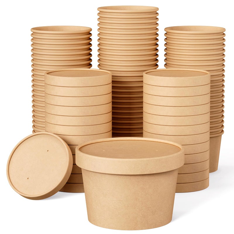 50pack 8oz Paper Soup Containers with Lids Disposable Kraft Paper Food Cups Ice Cream Cups Food Storage with Lids Microwavable and Freezer Safe Suitable for Christmas Thanksgiving Brown