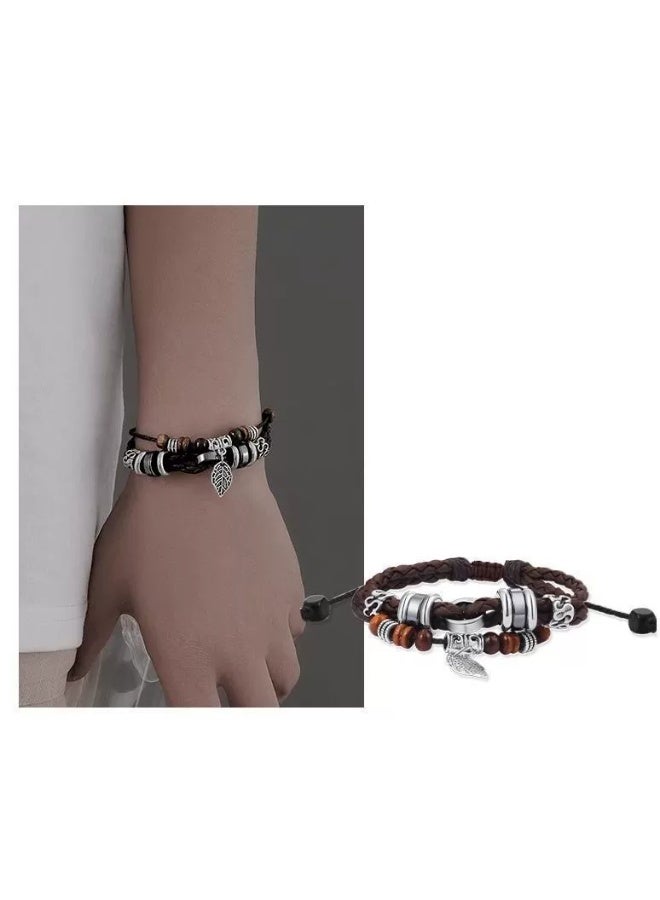 Goolsky Men's Minimalist Vintage Leaf Bracelet - Hand-Woven Multi-Layer Leather Cuff - Image 1