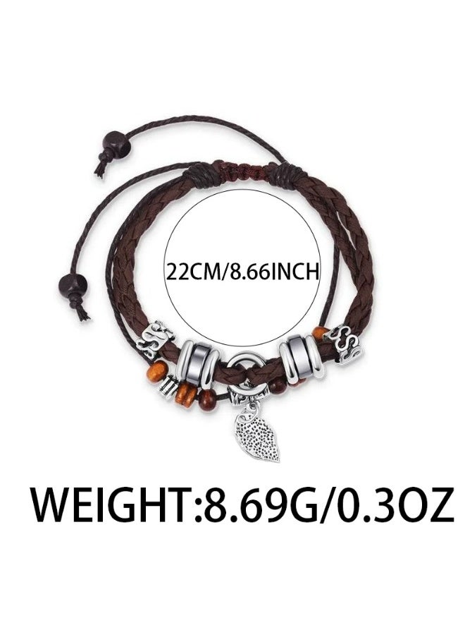 Goolsky Men's Minimalist Vintage Leaf Bracelet - Hand-Woven Multi-Layer Leather Cuff - Image 4