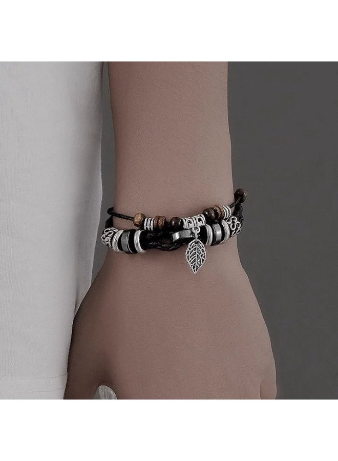 Goolsky Men's Minimalist Vintage Leaf Bracelet - Hand-Woven Multi-Layer Leather Cuff - Image 3