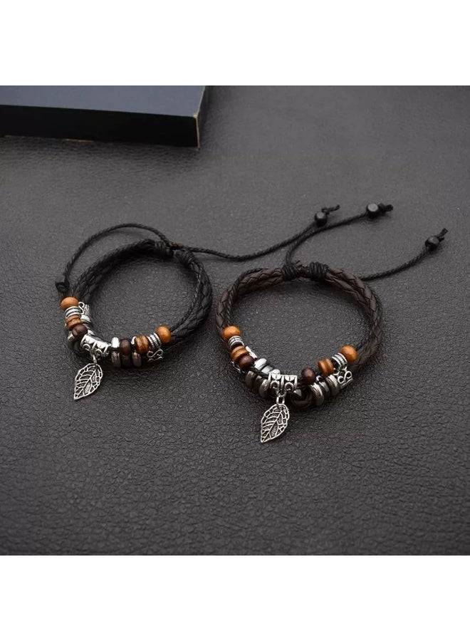Goolsky Men's Minimalist Vintage Leaf Bracelet - Hand-Woven Multi-Layer Leather Cuff - Image 2